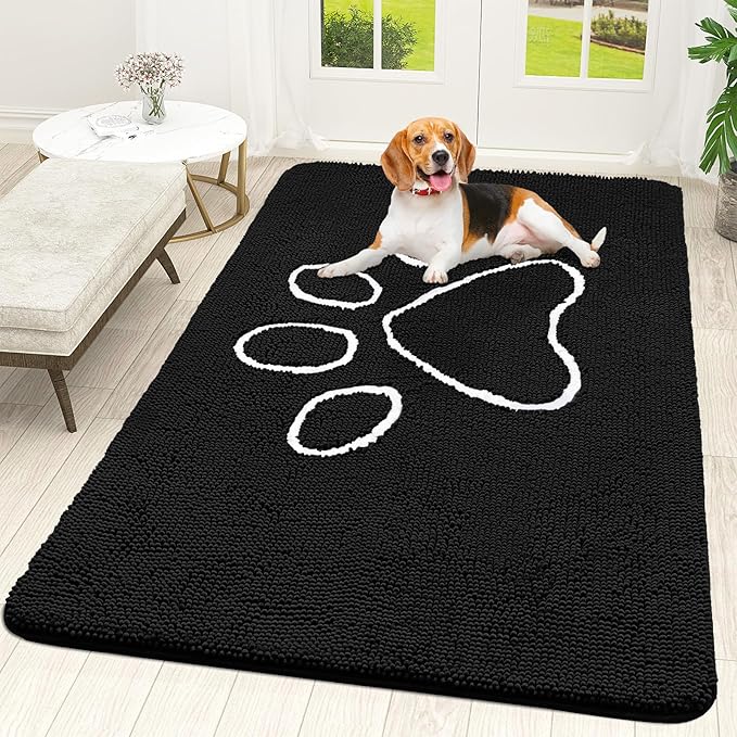 OLANLY Dog Door Mat for Muddy Paws 70x46, Paw Print Design, Absorbs Moisture and Dirt, Absorbent Non-Slip Washable Doormat, Quick Dry Chenille Mud Mat for Dogs, Entry Indoor Entryway Carpet, Black