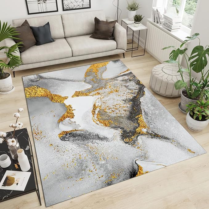 Light Luxury Gray Gold Marble Area Rug, Modern Marble Non Slip Accent Rug, Machine Washable Durable Carpet for Indoor Bedroom Living Room Office Decor Rug - 5 ft x 7 ft