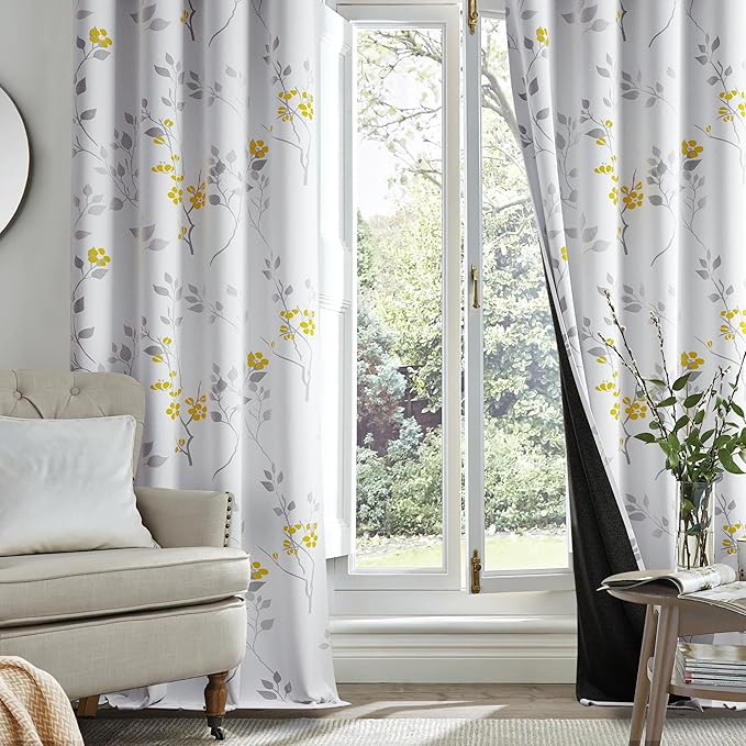 Beauoop Floral 100% Blackout Curtains 63 Inch Length 2 Panels for Bedroom Living Room Yellow Grey and White Flower Patterned Room Darkening Thermal Soundproof Grommet Window Treatments Drapes, 52X63