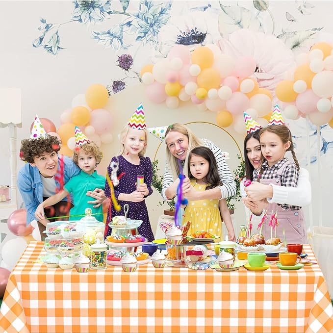 WNINK 2 Pack Orange and White Checkered Rectangular Plastic Tablecloths, Orange Gingham Waterproof Disposable Table Covers 54" x 108" for Birthday, Wedding, Outdoor Picnic Camping Parties