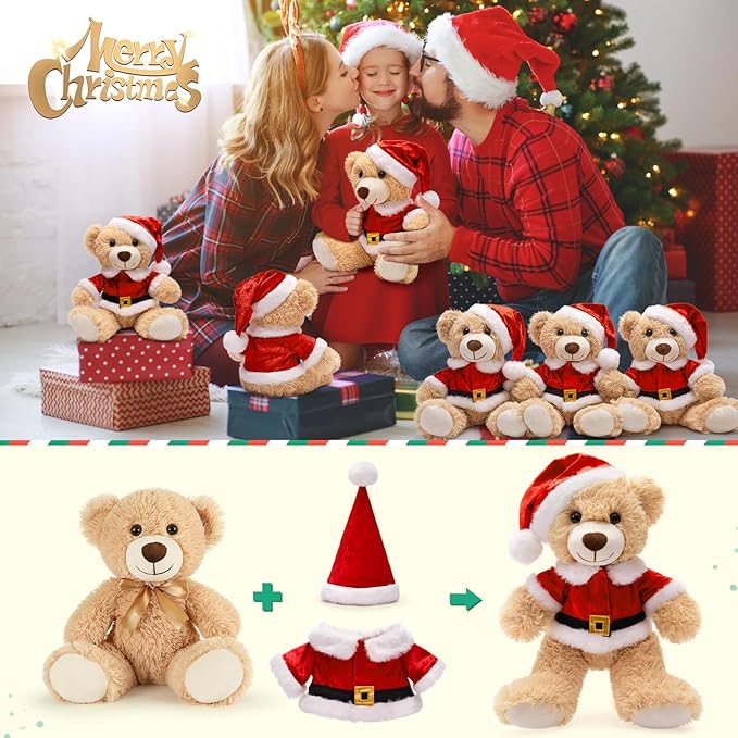 MaoGoLan 10 Pack Christmas Teddy Bears Stuffed Animal 14'' Plush Bear with Classic Santa Outfits - Removable Shirt & Hat Fit Most Small Plush Toys Christmas Decorations Gifts