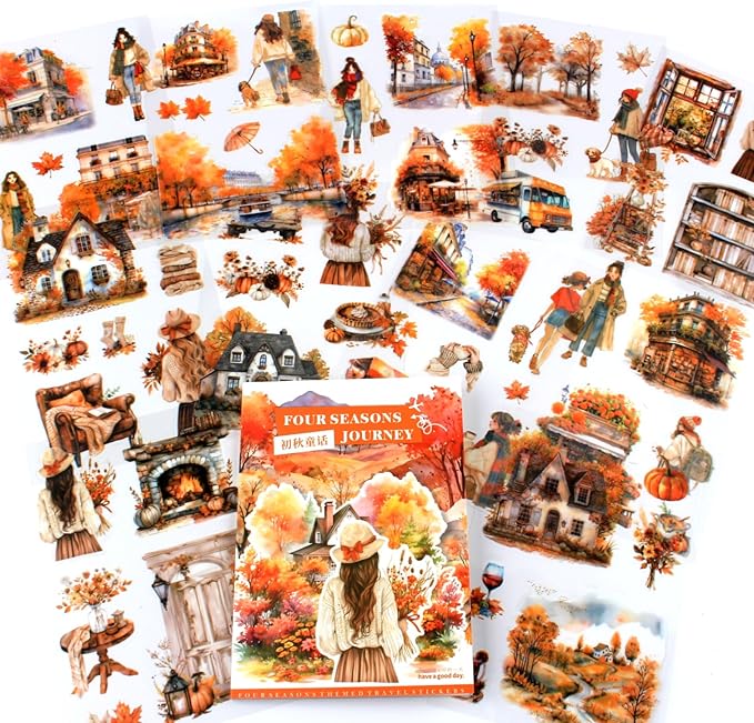 Dwpetzo Fall Landscape Pre-Cut Autumn Journal Sticker Book, Transparent PET Watercolor Scrapbook Stickers for Junk Journaling Supplies, Scrapbooking, Collage, Bujo, 20 Sheets