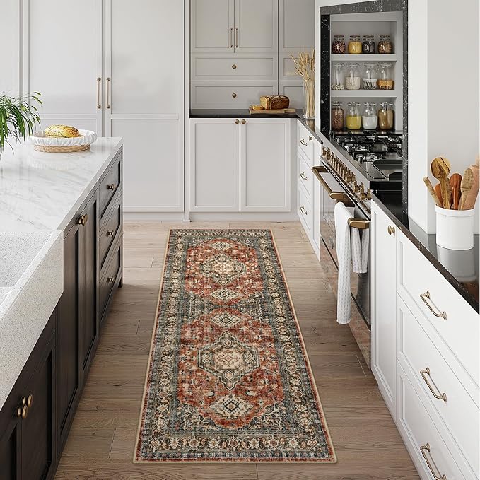 Lahome Oriental Kitchen Runner Rug Non Slip, 2x5 Washable Hallway Runner with Rubber Backing, Vintage Hallway Rug Ultra-Thin Soft Carpet for Bedroom Bathroom, Brick Red