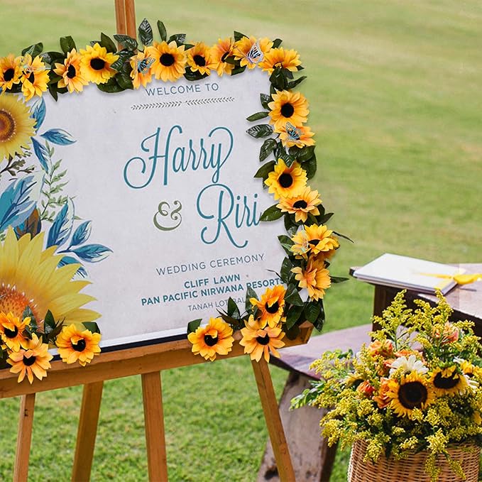 4 Pack Sunflower Garland Decor,7.5ft Artificial Sunflower Vines with Lights,Hanging Fake Silk Flower Garlands for Table Centerpieces Wedding Party Birthday Decorations