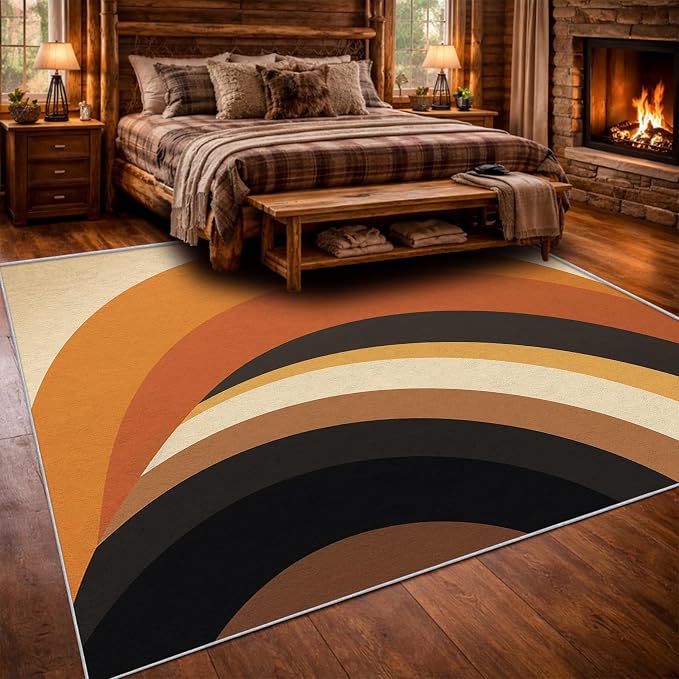 Mid Century Modern Area Rug 4x5, Washable Non-Slip Low Pile Retro Rainbow Rug for Living Room Bedroom Home Office, Abstract Boho Carpet in Terracotta Camel Cream and Black