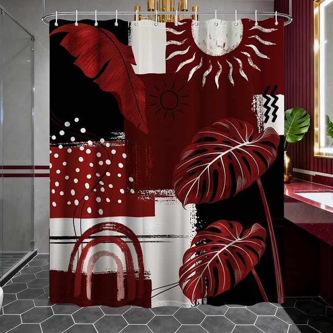 Black and Red Mid Century Modern Shower Curtain Bohemian Abstract Burgundy Shower Curtains for Bathroom Decor Sets, Waterproof Cloth Fabric with Hooks, 70x78 Inch