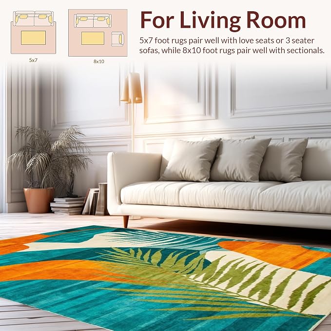Flatwoven High Traffic Area Rug 6x9, Colorful Abstract Tropical Rug, Non Slip, Stain Resistant, Washable Area Rugs for Living Room, Bedroom (Turquoise, 6x9)