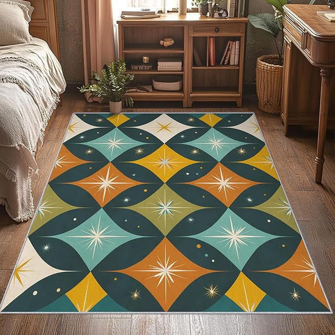 Mid Century Modern Rugs for Bedroom 5x8 ft, MCM Atomic Area Rugs for Living Room, Washable Non Slip Low Pile Abstract Geometric Carpet, Home Decor PF-P 107
