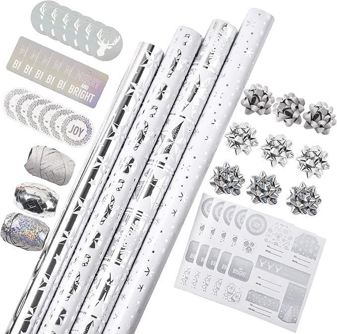 WRAPAHOLIC Silver Christmas Wrapping Paper Set - Silver Snowflakes and Candy Cane Holiday Collection with Metallic Foil Shine Wrapping Paper Bundle with Gift Bow & Ribbon & Tag & Sticker