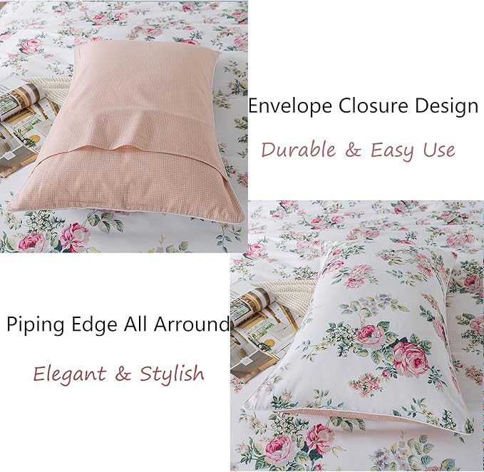 FADFAY Duvet Cover Set Twin Pink Rose Floral Bedding Shabby Peony Flower Quilt Cover Set Vintage Farmhouse Bedding 100% Cotton Soft Comforter Cover Set with Hidden Zipper Closure 3Pcs, Twin Size