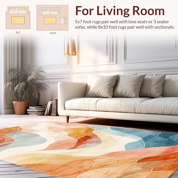 Flatwoven High Traffic Area Rug 6x9, Abstract Area Accent with Wave, Non Slip, Stain Resistant, Washable Area Rugs for Living Room, Bedroom (Orange, 6x9)