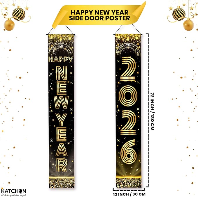 KatchOn, Large Happy New Years Door Banner 2026-72x12 Inch | Black and Gold Hanging Porch Sign | Happy New Year 2026 Banner | New Years Eve Party Supplies for Outdoor, Indoor | Home Wall Decor