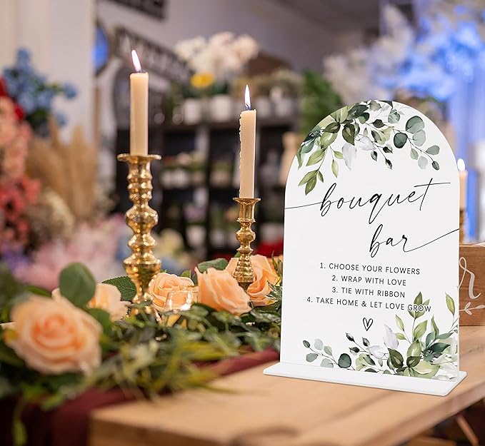 Wedding Signs for Reception, Green Leaves Bouquet Bar Sign, Wedding Reception Signage, Bridal Shower Table Decorations with Base, Bouquet Bar Supplies for Bridal Shower Events and Ceremony, 05