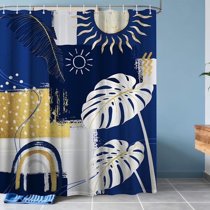 Extra Long Shower Curtain 96 Inchs Extra Tall Blue and White XL Navy Blue and Gold Abstract Shower Curtains for Large Bathroom Decor Sets, Waterproof Cloth Fabric with Hooks, 70 x 96 Inch