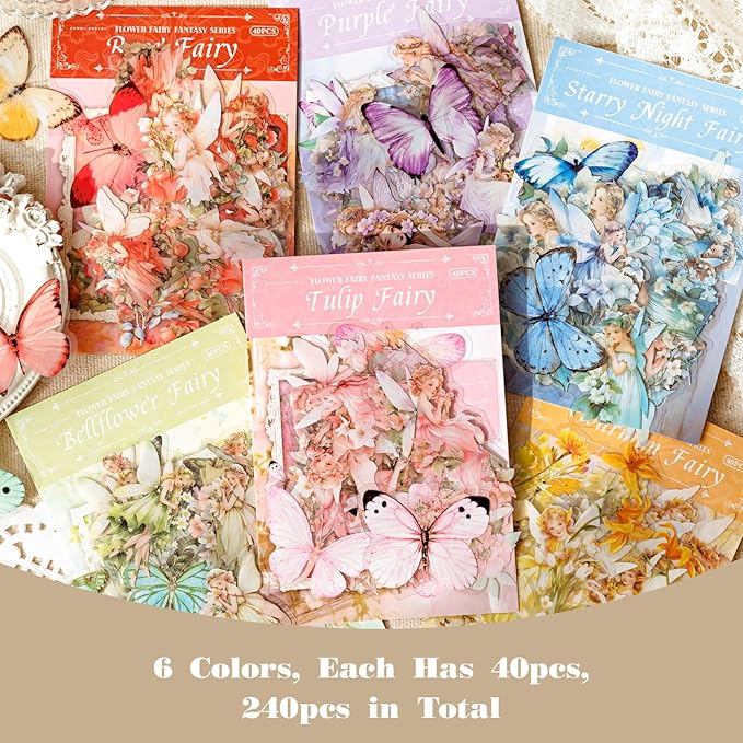 SIBLYMONA Vintage Fairy Stickers 240Pcs Transparent Stickers for Scrapbooking Journaling, Floral Butterfly Cottagecore Junk Journal Scrapbook Supplies, Rub On Transfers for Crafts (240, Pink&Blue)
