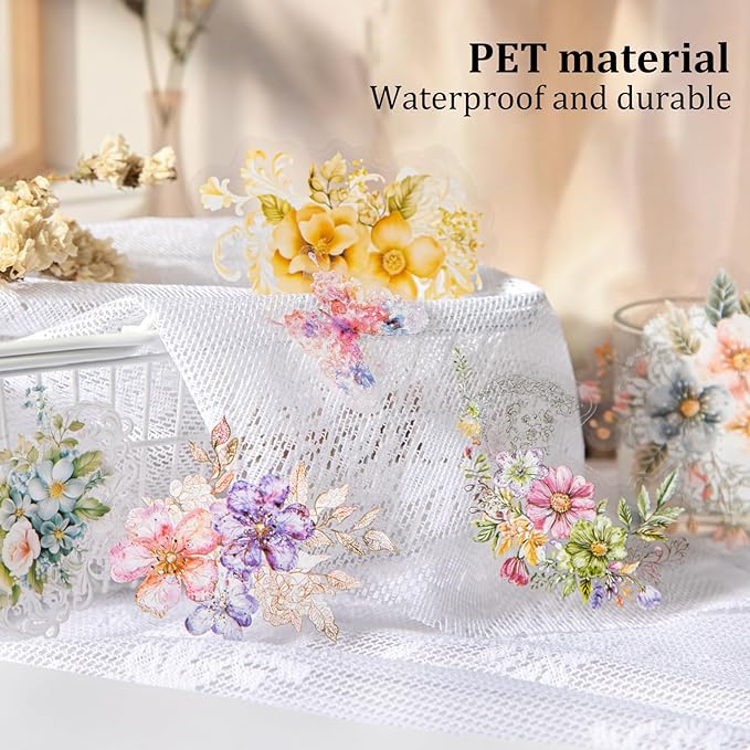 AuriicLeaf Floral PET Sticker Set, 60PCS Transparent Butterfly, Lace, and Flower Stickers for Scrapbooking, Journaling, Planners and DIY Crafts