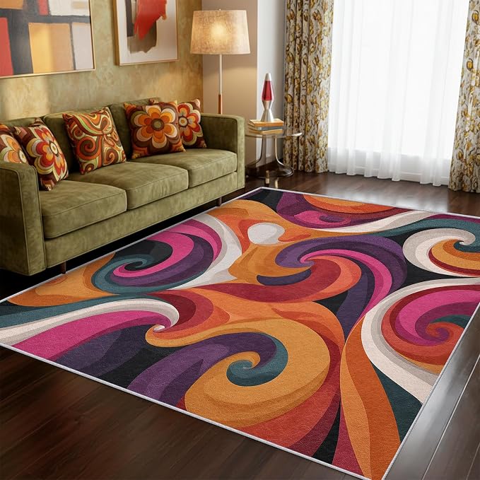 70s Rug 7x9 Retro Funky Hippie Psychedelic Swirl Pattern Area Rugs for Living Room, Bedroom, 70s Home Decor Accessories Indoor Carpet, Non Slip & Machine Washable, GD0400
