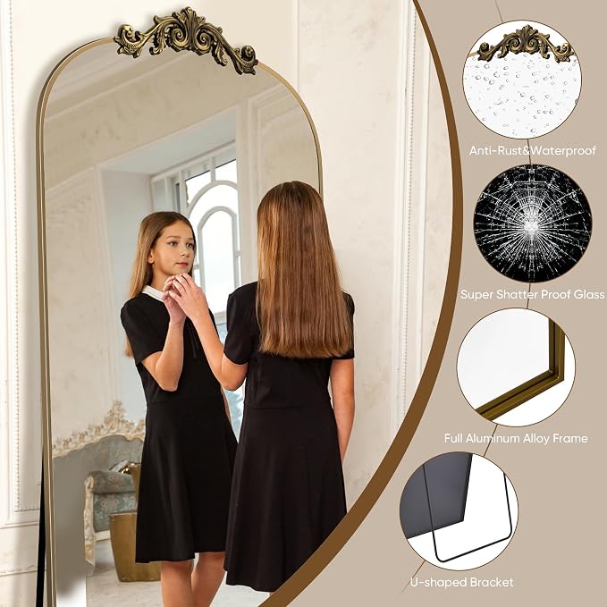 Antok Arched Full Length Mirror, 71"x28" Floor Mirror with Carved Frame, Standing/Wall Hanging Large Mirror for Bedroom, Living Room, Cloakroom, Bronze, Retro Style