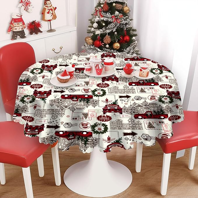 Eikione 70 Inch Round Merry Christmas Tablecloth, Truck Christmas Tree Tablecloth, Stain Resistant Dining Table Cover for Holiday Decor