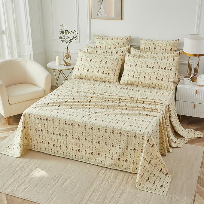 FADFAY Cal King Size 100% Cotton Beige Bed Sheets Set Elegant Red Rose Floral Pattern, Soft and Luxurious Shabby Vintage French Country Bedding, 4 Pieces Deep Pocket Fitted Sheet