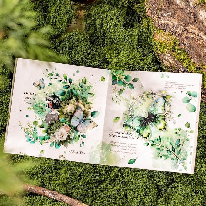 MiyouLuna 120Pcs Forest PET Scrapbook Stickers Botanical Designs for Scrapbooking Waterproof Journaling Supplies Junk Journal Ephemera with Storage Organizer