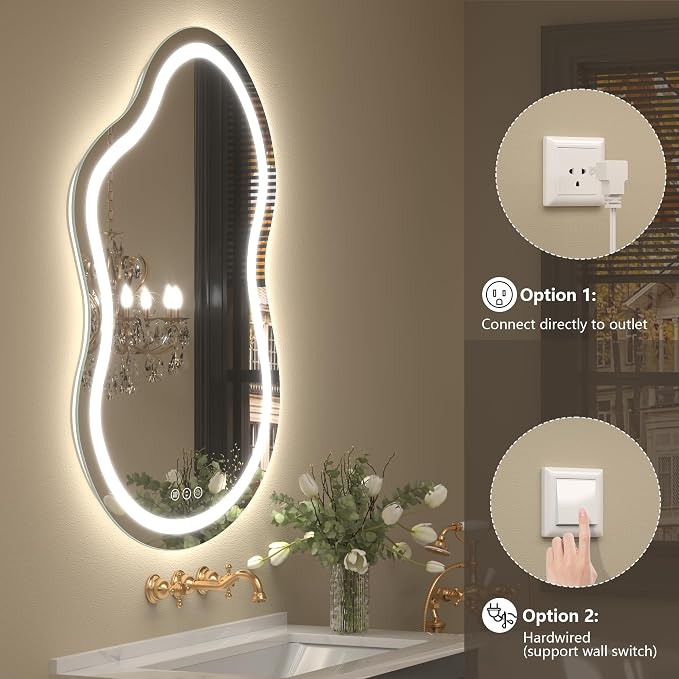 40x24 Inch Irregular Cloud LED Bathroom Mirror, Asymmetrical Backlit Bathroom Vanity Mirror, Anti-Fog, Dimmable, 3 Colors, Memory (Horizontal/Vertical)