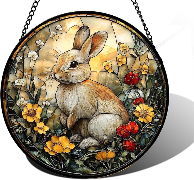Stained Glass Window Hanging - Rabbit Flowers Suncatcher Ready to Hang Window Doors Home Decoration, Easter, Mother's Day Birthday Gifts for Women, Men, and Mom 11.8x11.8 in