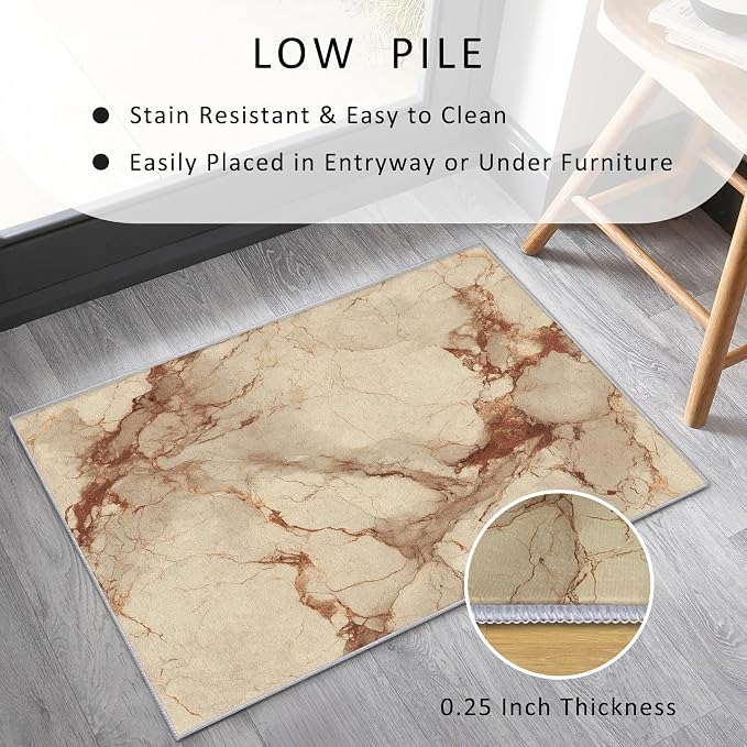Beige Marble Abstract Area Rug, Vintage Stone Pattern Carpet, Washable Non Slip Low Pile Soft Thin, Living Room Bedroom Home Decor Mat 6x9ft