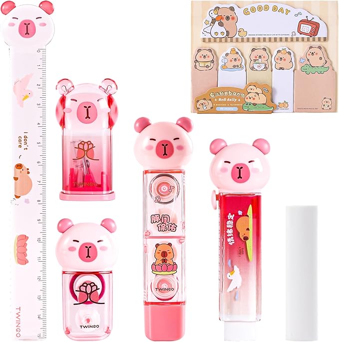 Kogcmeetl 7 Pcs Cute Capybara Stationary Set Kawaii School Supplies Japanese Stationery, Includes Pencil Sharpener, Eraser, Correction Tape, Glue Tape, Sticky Notes, Ruler, for Office School Supplies