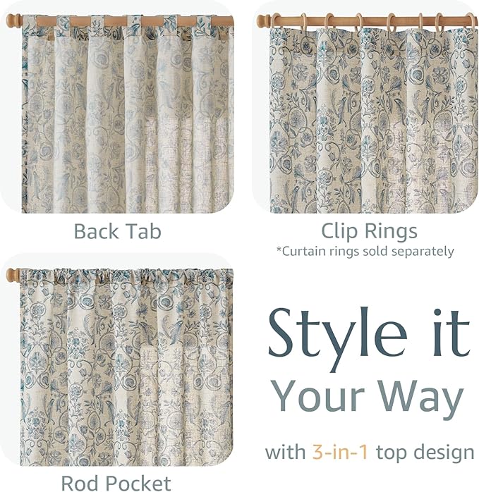 jinchan Linen Floral Curtains for Living Room with Printed Flower 63 Inches Long Light Filtering Farmhouse Window Treatment Vintage Short Drapes Back Tab Rod Pocket 2 Panels Blue on Beige