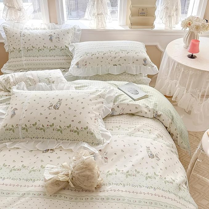 Twin XL Comforter Set Cute Flower Green Leaves Pattern Comforter White Ruffle Bedding Comforter with 2 Pillowcases Reversible Green Plaid Comforter Botanical Flower Cute Rabbit Comforter Set
