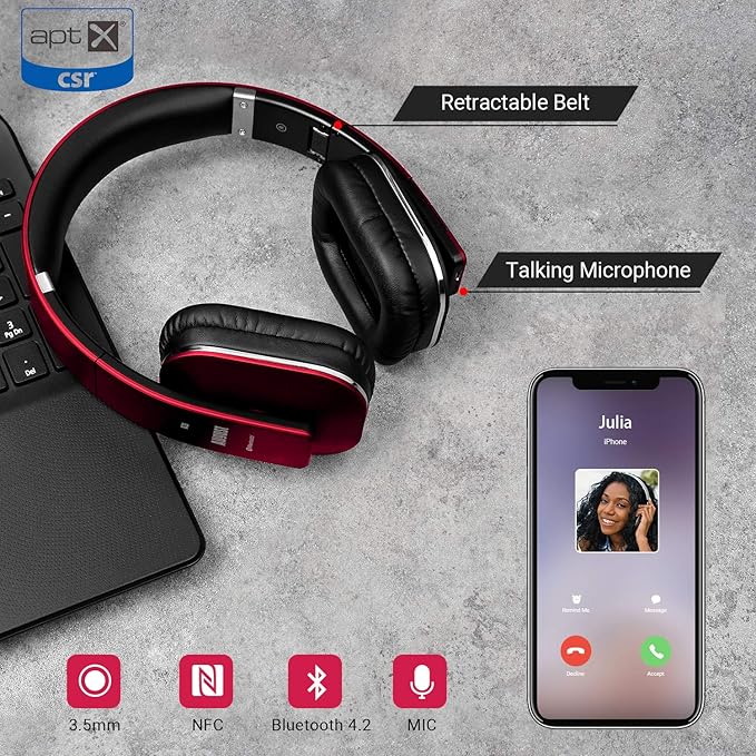 August EP650 Bluetooth Wireless Over-Ear Headphones with aptX Low Latency, NFC, Multipoint Pairing, Wired Option, Built-in Microphone - Red
