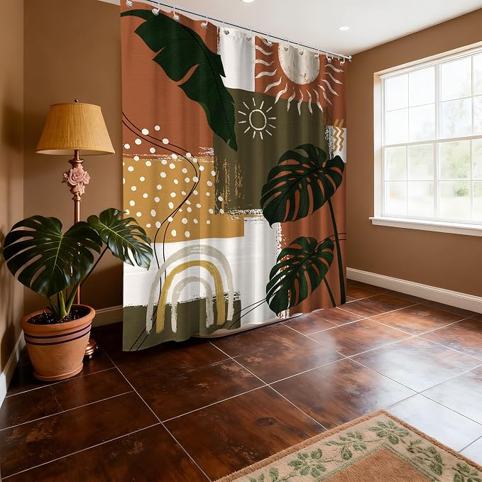 Mid Century Modern Shower Curtain Boho Abstract Tropical Leaf Shower Curtains for Bathroom Decor Sets, Waterproof Cloth Fabric with Hooks, 70x78 Inch