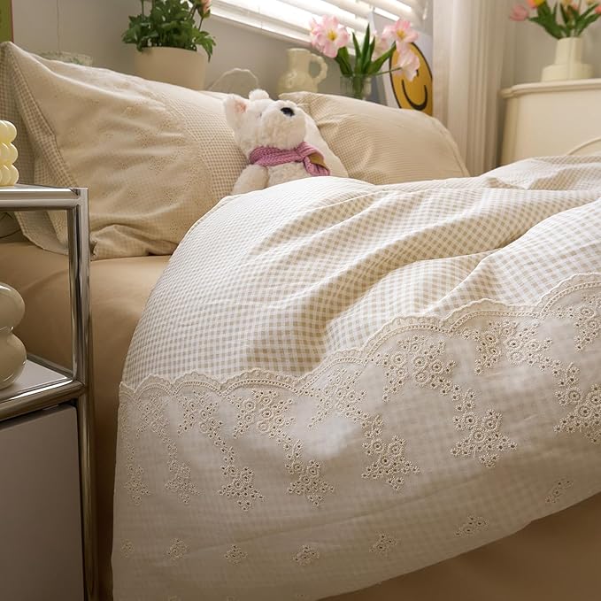 LifeTB Tan Gingham Comforter Set King Romantic Lace Bedding Beige Plaid Comforter Set Vintage Grid Checkered Pattern Comforter with 2 Pillowcases Farmhouse Taupe Plaid Gingham Bedding Set