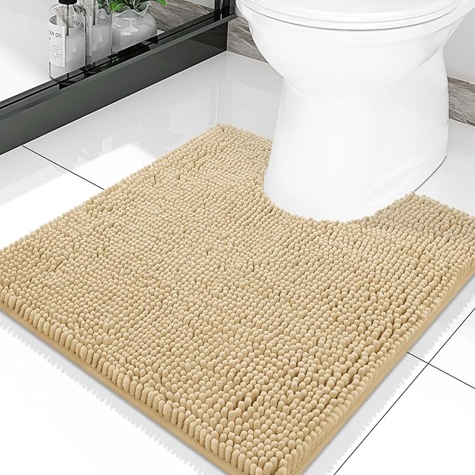Smiry Luxury Chenille Toilet Rugs U-Shaped 20x20, Soft Absorbent Non-Slip Contour Bathroom Rugs for Toilet, Machine Washable Contoured Bath Mats, Beige