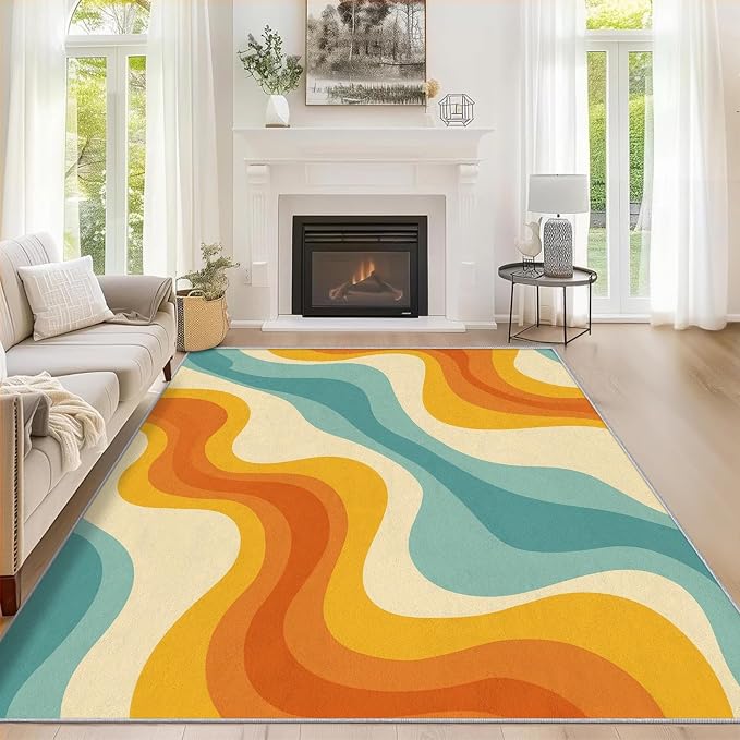 Retro Wavy Rugs for Home Decor, 7x9 ft, Abstract Waves Area Rugs for Living Room, Soft Non Slip Washable 70s Groovy Carpet Bedroom Decorations Dt-Ghf-69