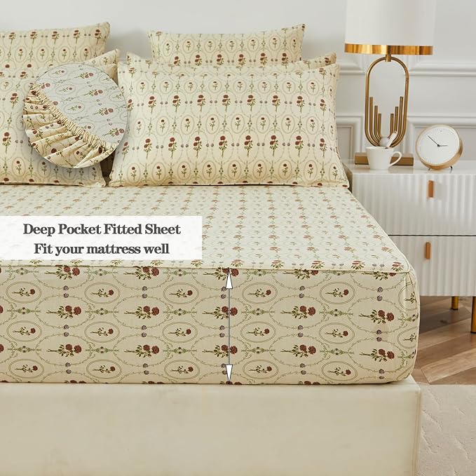 FADFAY Full Size 100% Cotton Beige Bed Sheets Set Elegant Red Rose Floral Pattern, Soft and Luxurious Shabby Vintage French Country Bedding, 4 Pieces Deep Pocket Fitted Sheet