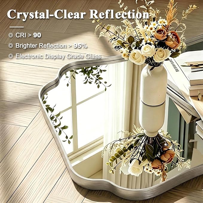 ANDY STAR 26"x38" Brushed Nickel Mirror, Scalloped Bathroom Wall Mirror with Metal Frame for Vanity, Scalloped Edge Design for Entryway, Living Room & Bedroom