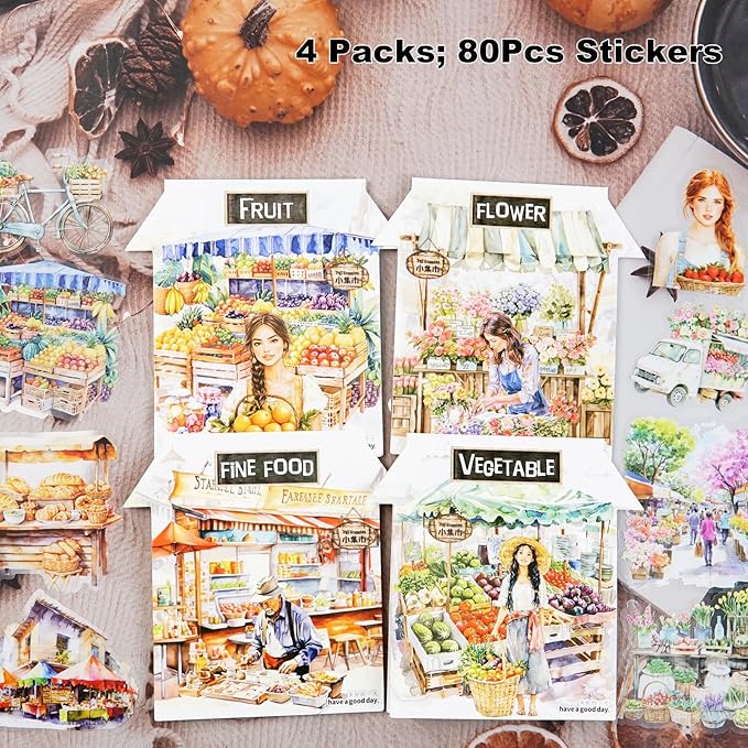 AuriicLeaf Farmers Market PET Stickers, 80PCS Bazaar-Themed Journal Supplies for Scrapbooking, DIY Crafts, and Planner Embellishment