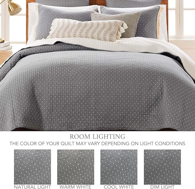 Levtex Home Cross Stitch Reversible Twin Bedspread Set (84x104in) with 1 Pillow Sham (26x20in) - Stitch Texture - Grey and White - Cotton Twin Size Bedspread Set - Lightweight, Soft, Pre-Washed