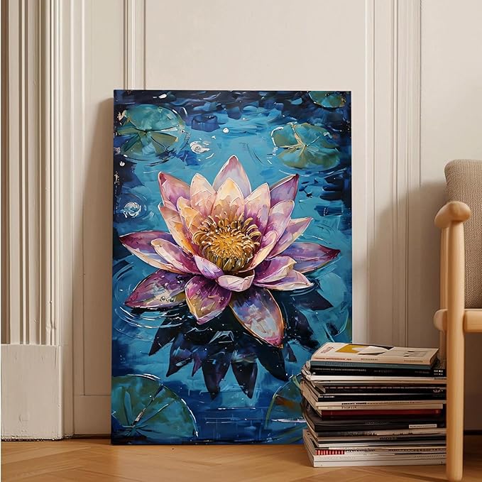 Gorgeous pink and purple water lilies on deep blue water Eye-catching oil painting Serene aquatic wall art for modern home decor 16x24in Frameless