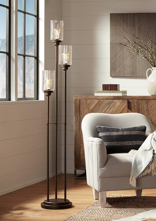Franklin Iron Works Libby Modern Industrial Tree Floor Lamp Standing 66" Tall Oiled Bronze Metal 3-Light Amber Seedy Glass for Living Room Reading Bedroom Office House Home Decor