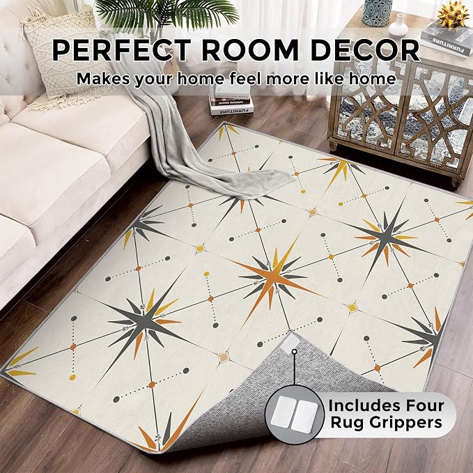Atomic Rugs for Bedroom 4x4 ft, Mid Century Modern Area Rugs for Living Room, Washable Non Slip Low Pile Starburst Carpet, Home Decor PF-P 107