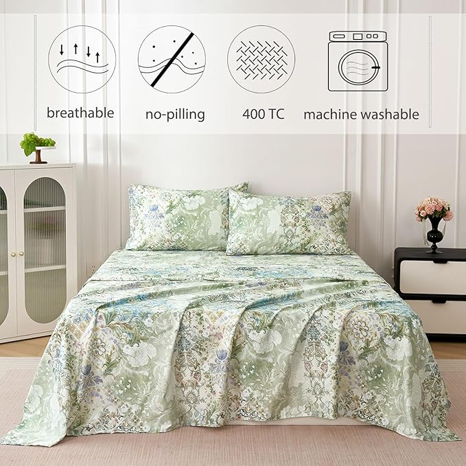 Zusbest Queen Sheet Set Luxury Sage Green Floral Bed Sheets 100% Cotton, Satin Weave Soft Silky Breathable for Hot Sleepers American Country Style Vintage Flower Deep Pocket 17.5‘’ Bed Set 4Pcs