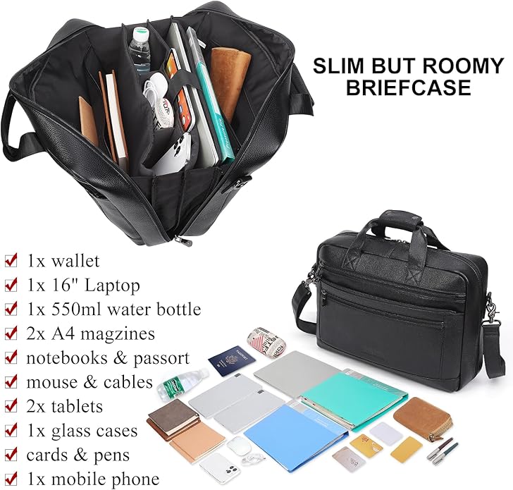 Masa Kawa Men’s Leather Briefcase for 16" Laptop Waterproof Crossbody Shoulder Messenger Bag Computer Attache Case for Business Travel Work, Black