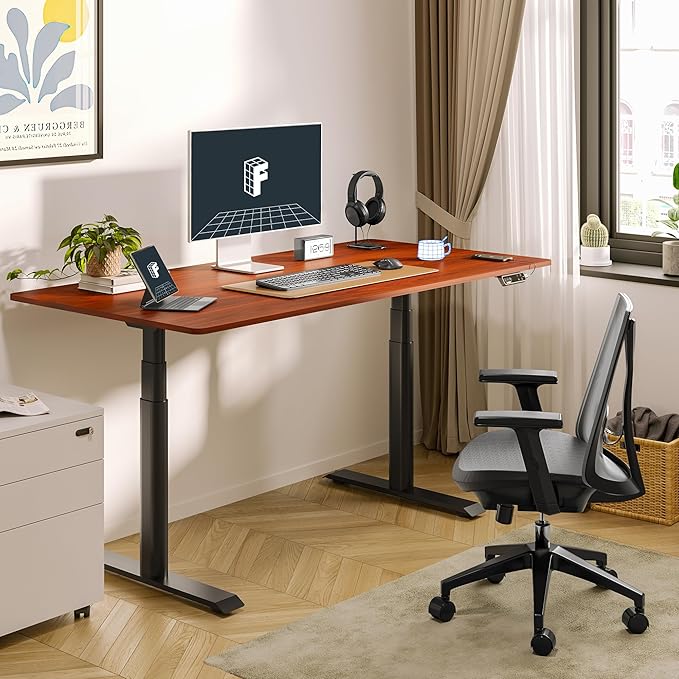 FLEXISPOT E6 Pro Oval Leg Dual Motor 3 Stages Standing Desk 55x28 Inch Electric Height Adjustable Whole-Piece Board Electric Sit Stand Up Desk 150KG Load Capacity (Black Frame + Mahogany Desktop)