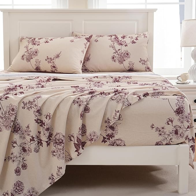 Zusbest Full Size Sheets 100% Percale Cotton Red Floral Bed Sheet, Brushed for Extra Softness, Breathable Luxury Toile Flannel Like Sheets Shabby Vintage Deep Pocket Bed Set 17.5'' 4 Pcs