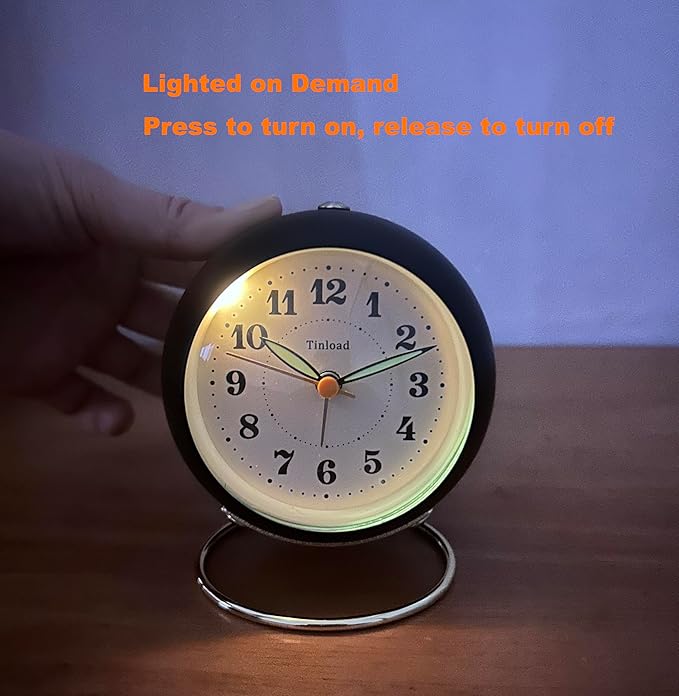 Tinload Analog Alarm Clock, Retro Simple Design Small Desk Clock with Manual Light, Battery Operated, Snooze, for Kids,Bedroom,Travel,Kitchen,Bedside Desktop(Black)