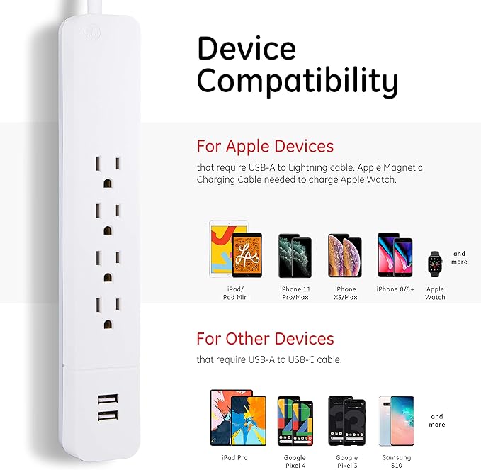 GE 4-Outlet Surge Protector, 2 USB Ports, 3 Ft Power Cord, 560 Joules, Flat Plug, Automatic Shutdown Technology, Circuit Breaker, Warranty, ETL Listed, Black, 37212