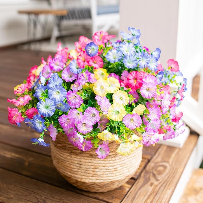 HyeFlora Artificial Flowers for Outdoors Fake Plants Outside Decoration, 12 Bundles Silk Colorful Morning Glory with Eucalyptus UV Resistant Realistic Faux Flowers for Planter Porch Patio Yard Indoor